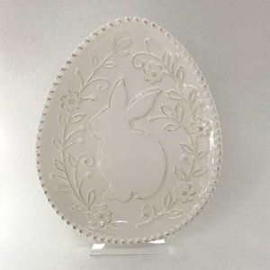 Pier 1 Beaded Edge Egg Shaped Floral and Bunny Rabbit Creme Colored Plate